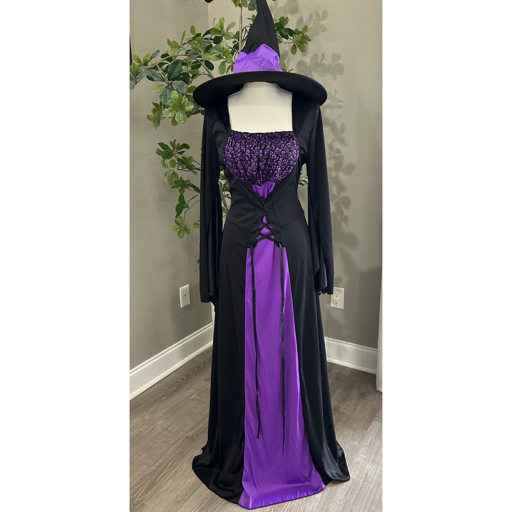 Womens Gothic Witch Costume Black Purple Skull Print Dress with Hat Large